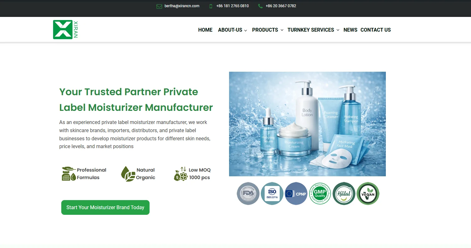 private label moisturizer manufacturer showcasing skincare products like body lotion, hydrating serum, and hydrating face masks with certifications for organic, vegan, and halal options.